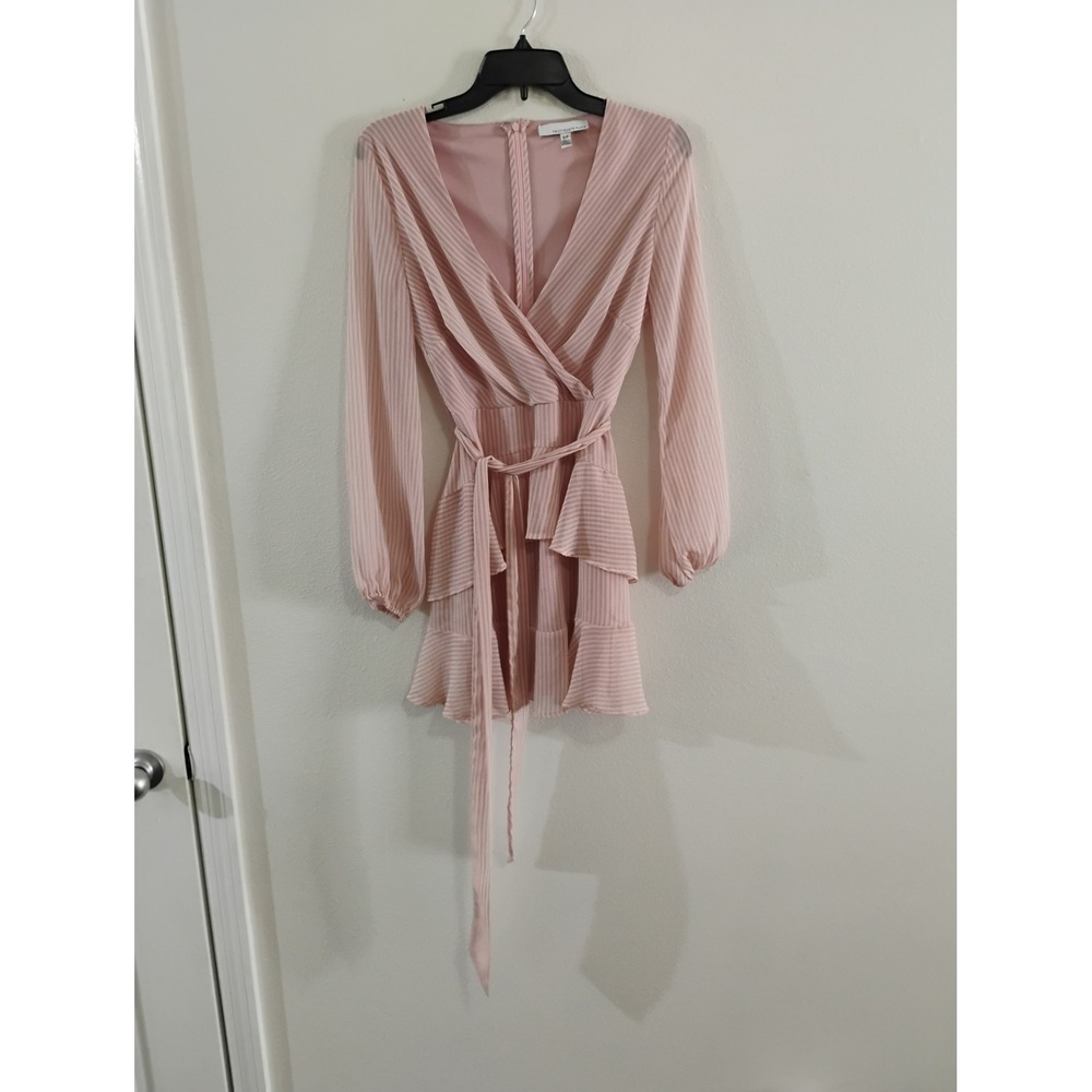 Fourteenth Place Pink Striped Tiered Ruffle Mini Dress Long Sleeve V-Neck Small